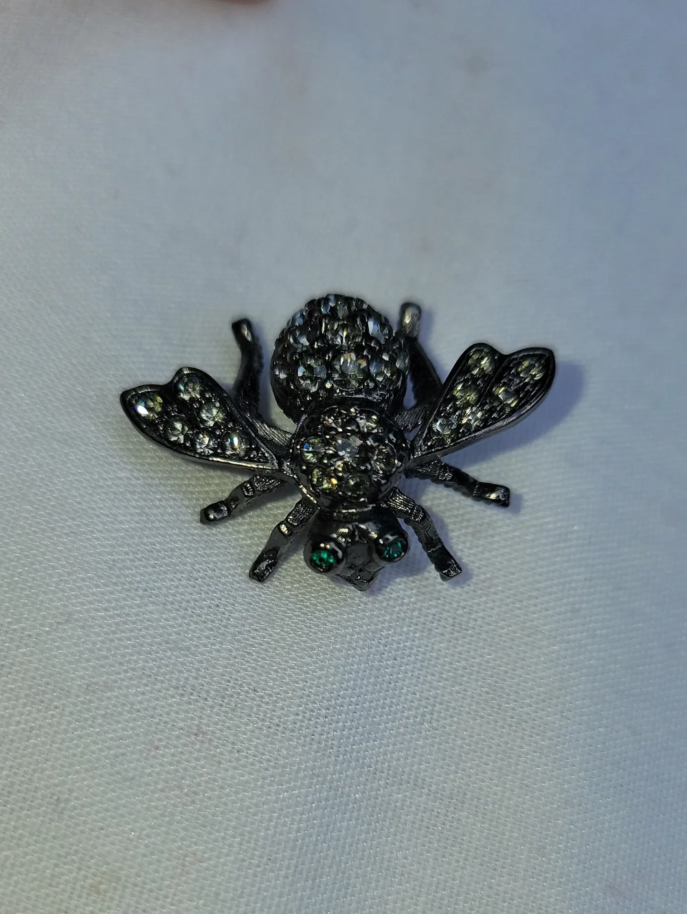 Vintage Joan Rivers Gunmetal Bee Brooch with Clear and Green Crystals